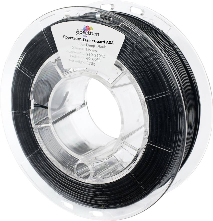 Cívka černého ASA 3D tiskového filamentu, označená 'Spectrum FlameGuard ASA, Hluboká černá, Průměr: 1,75 mm, Čistá hmotnost: 0,25 kg'.