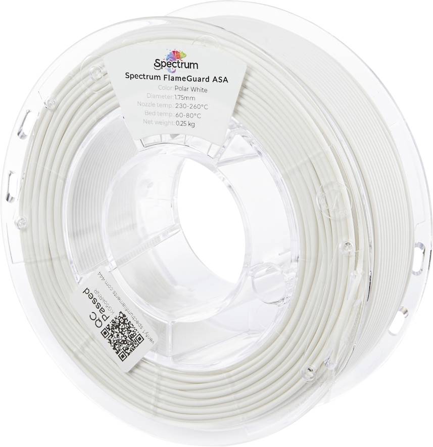 Cívka filamentu Spectrum FlameGuard ASA v barvě Polární bílá. Průměr: 1,75 mm. Teplota tisku: 230-260°C.