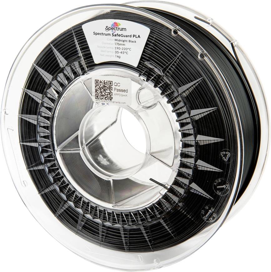 Špulka černého 3D tiskového filamentu Spectrum SafeGuard PLA, průměr 1,75 mm, čistá váha 1 kg, s údaji o teplotním rozsahu na etiketě.