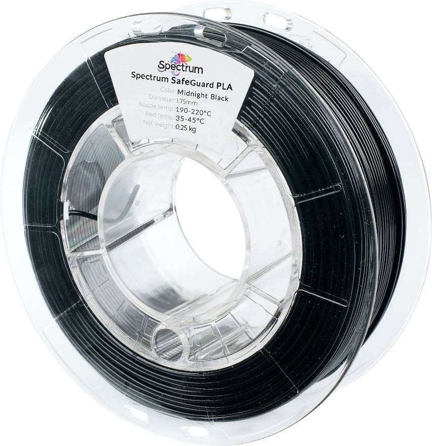 Špulka filamentu Spectrum SafeGuard PLA v barvě 'Midnight Black', o průměru 1,75 mm, určeného pro 3D tisk, váží 0,25 kg.