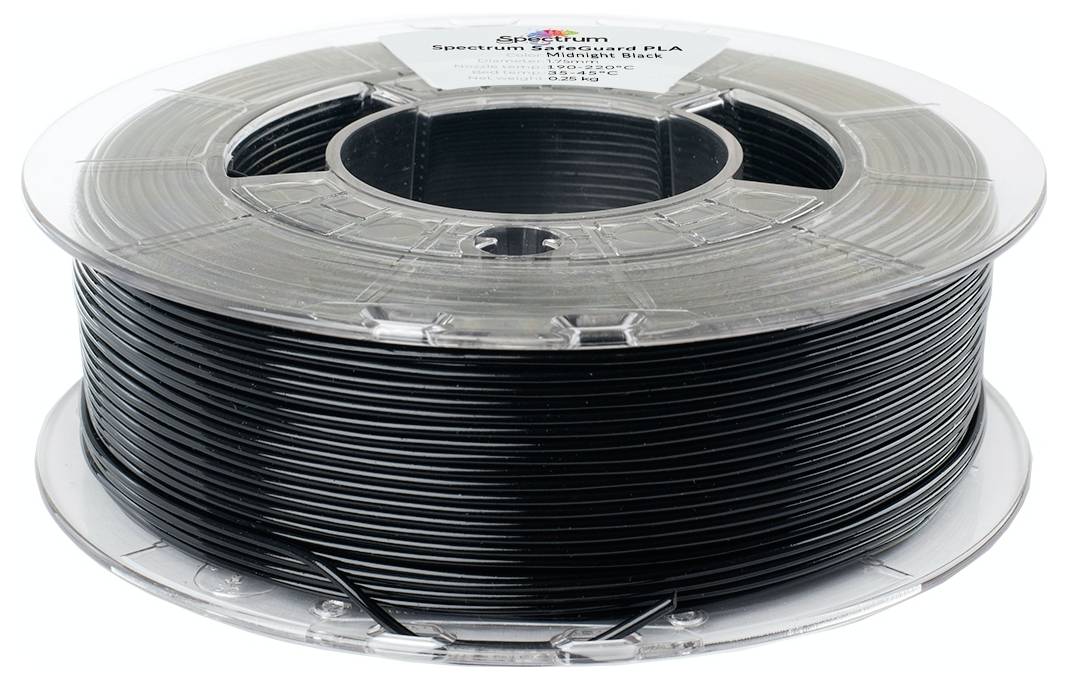 Cívka černého PLA filamentu je pečlivě namotána a na horní straně označena štítkem "Spectrum Engineering PLA, Leskle černá, 1,75 mm, 1 kg".