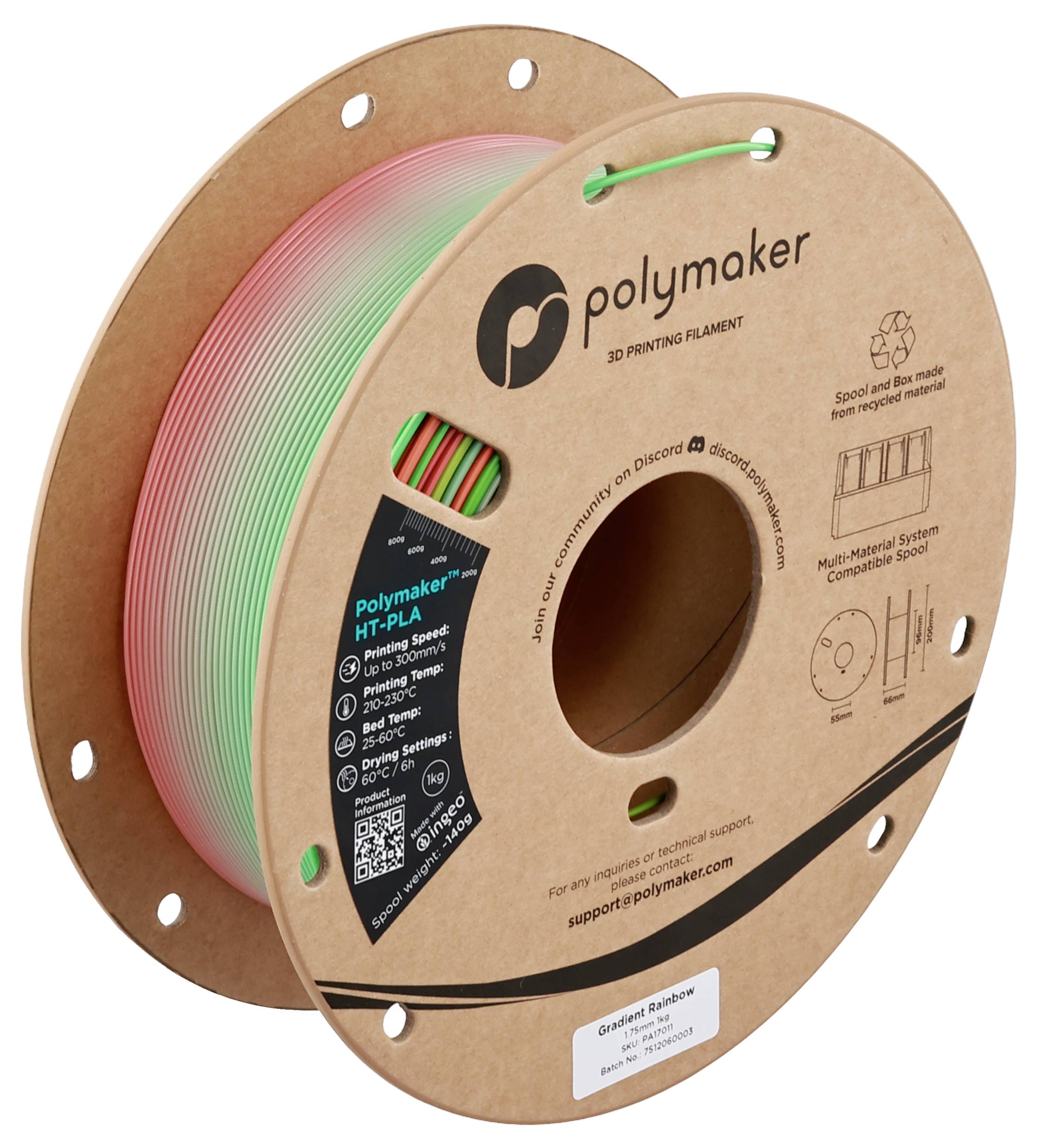 Cívka barevného filamentu Polymaker na 3D tisk, která vykazuje kartonový kotouč s etikety produktu, které svými barvami prolínají růžové a zelené odstíny.