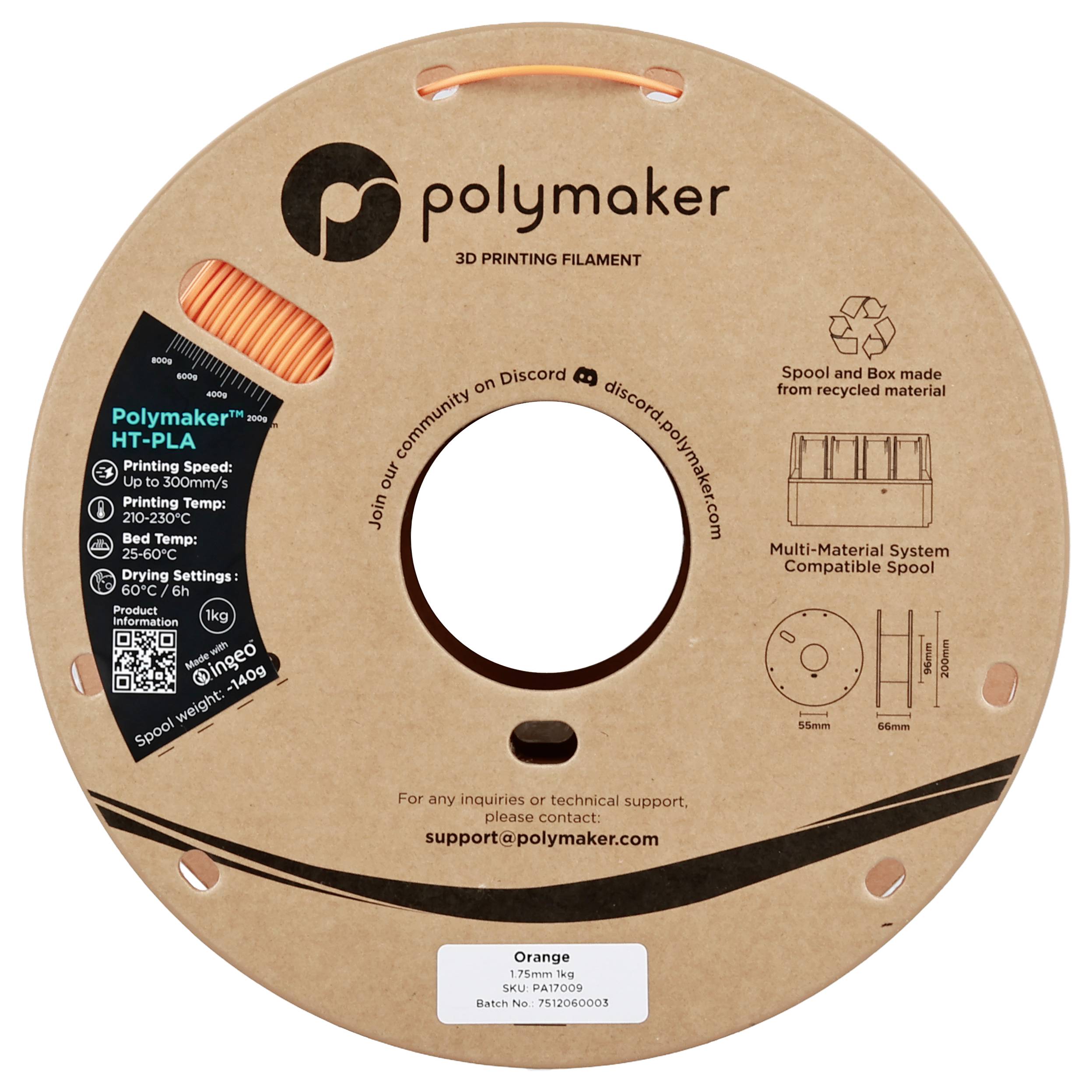 Cívka polymerního vlákna Polymaker pro 3D tisk označená jako HT-PLA v oranžové barvě, kompatibilní s multi-materiálovými systémy, průměr 1,75 mm, čistá hmotnost 1000 g.