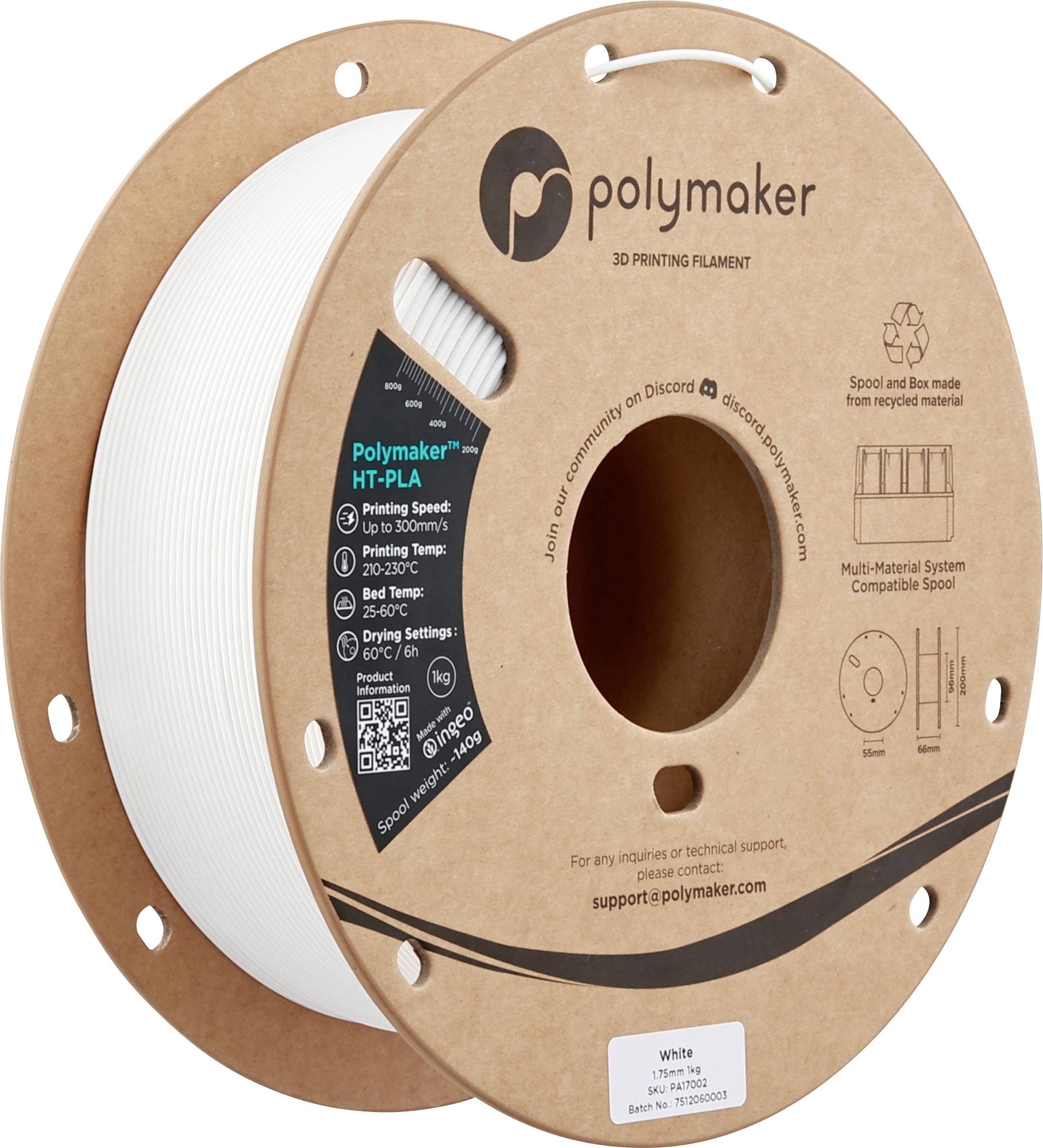 Cívka bílého polymerního 3D tiskového vlákna Polymaker HT-PLA v papírové krabici.