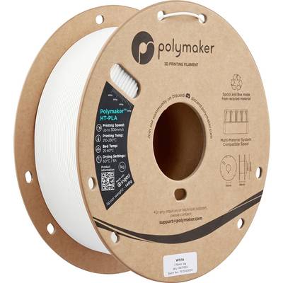 Cívka bílého polymerního 3D tiskového vlákna Polymaker HT-PLA v papírové krabici.