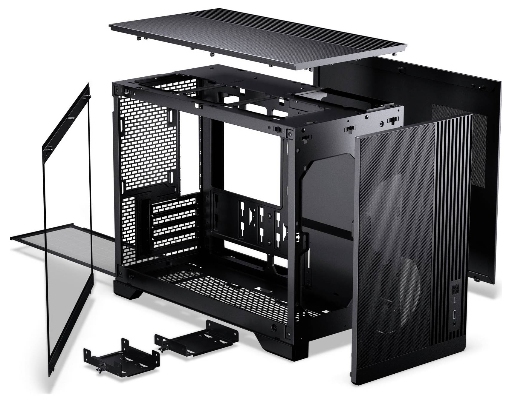 Je zobrazen rozložený černý počítačový case, který ukazuje samostatné panely a vnitřní kostru, vhodný pro DIY sestavování počítače.
