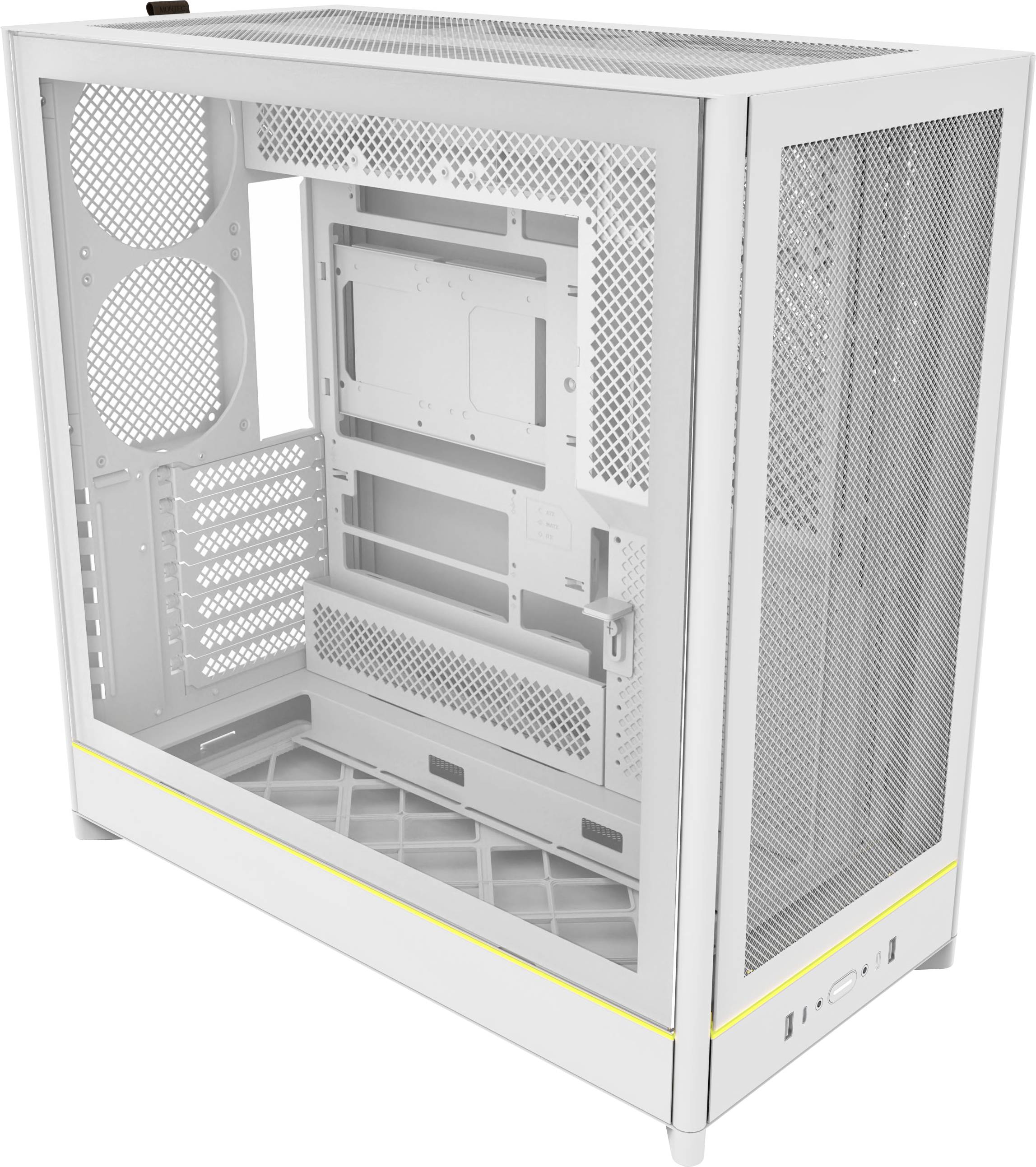 Bílý počítačový kryt s síťovými panely pro proudění vzduchu. Má prostor pro chladicí ventilátory, úložné disky a rozšiřující karty, což podporuje efektivní chlazení.