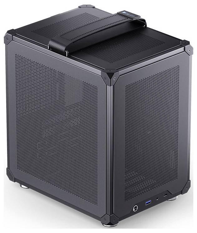 Černý, kompaktní, kvádrový počítačový box s rukojetí na horní straně, síťovanými bočními panely a předními USB porty pro připojení.