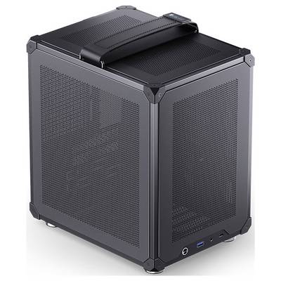 Černý, kompaktní, kvádrový počítačový box s rukojetí na horní straně, síťovanými bočními panely a předními USB porty pro připojení.