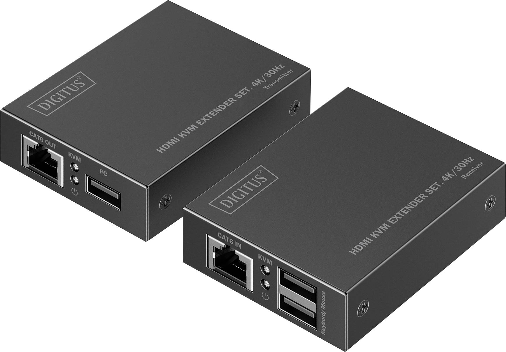 Dva černé digitální extendery označené "DIGITUS HDMI KVM EXTENDER SET, 4K/30Hz", z nichž každý má porty pro "CAT6 IN", "KVM" a USB připojení.