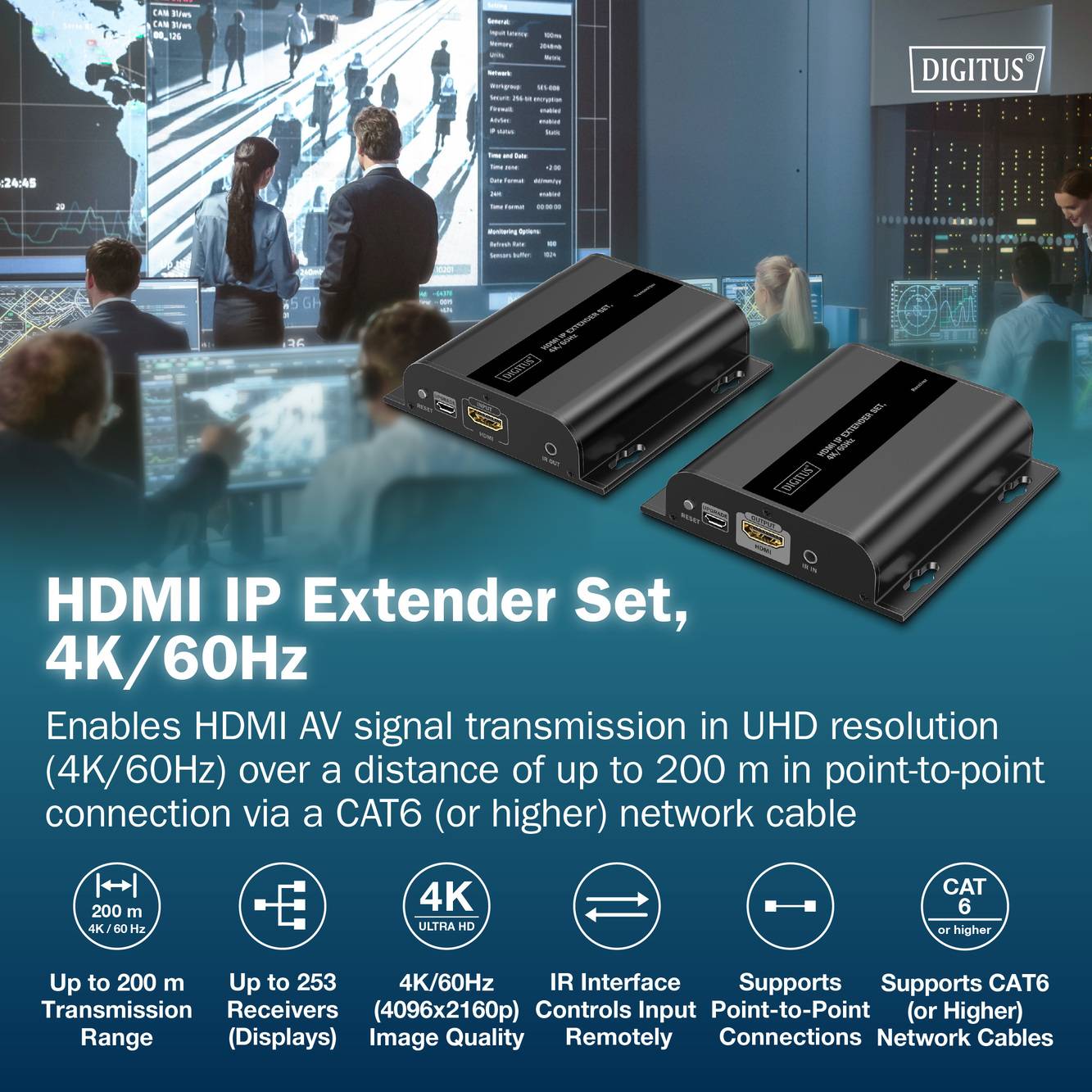 Propagační obrázek pro sadu HDMI/IR extenderu s funkcemi: 4K/60Hz, dosah až 200m, podpora až 253 displejů, vstup IR rozhraní.