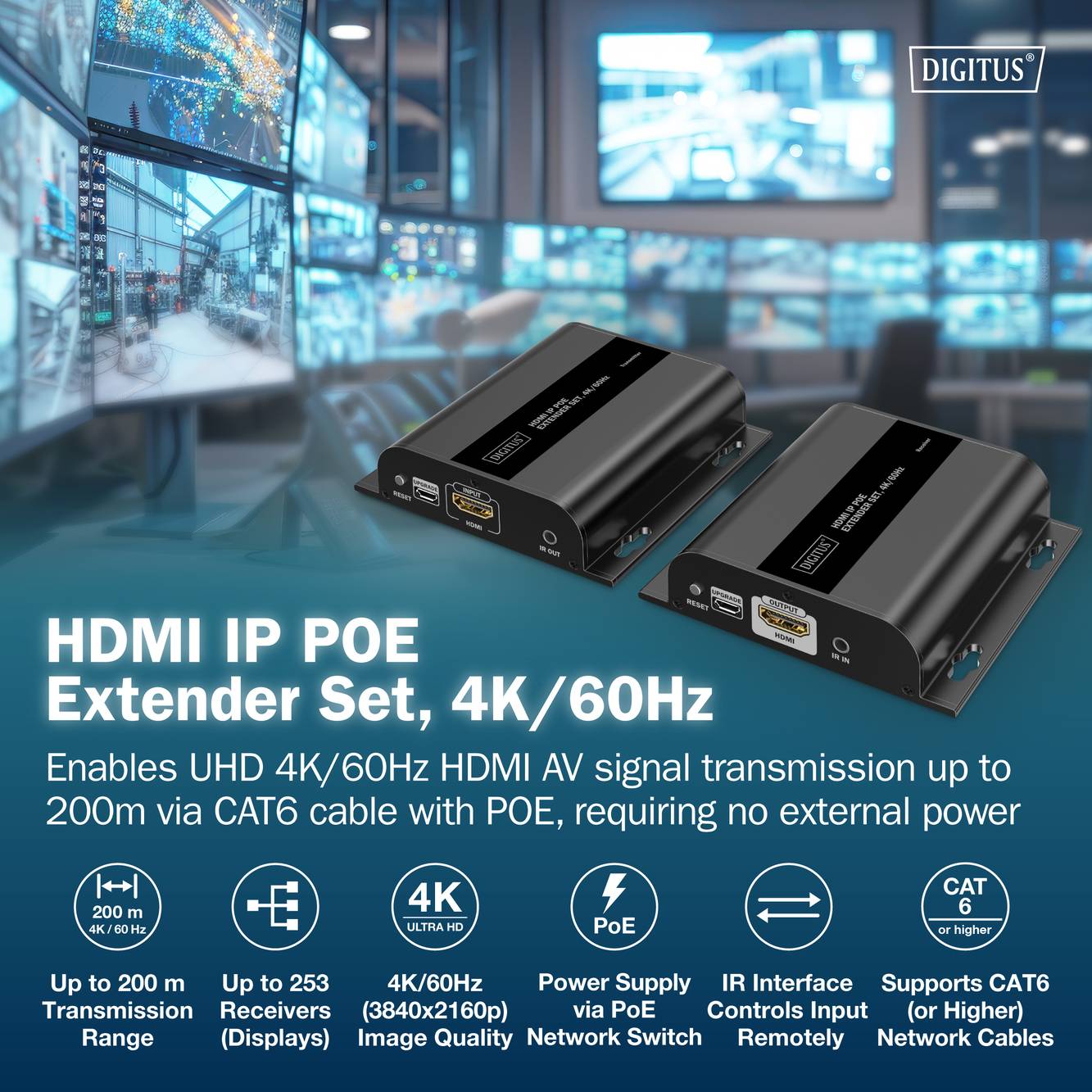 Dva černé HDMI IP POE extendery na modrém pozadí, s textem zvýrazňujícím vlastnosti: podpora 4K/60Hz, dosah až 200m, napájení PoE.