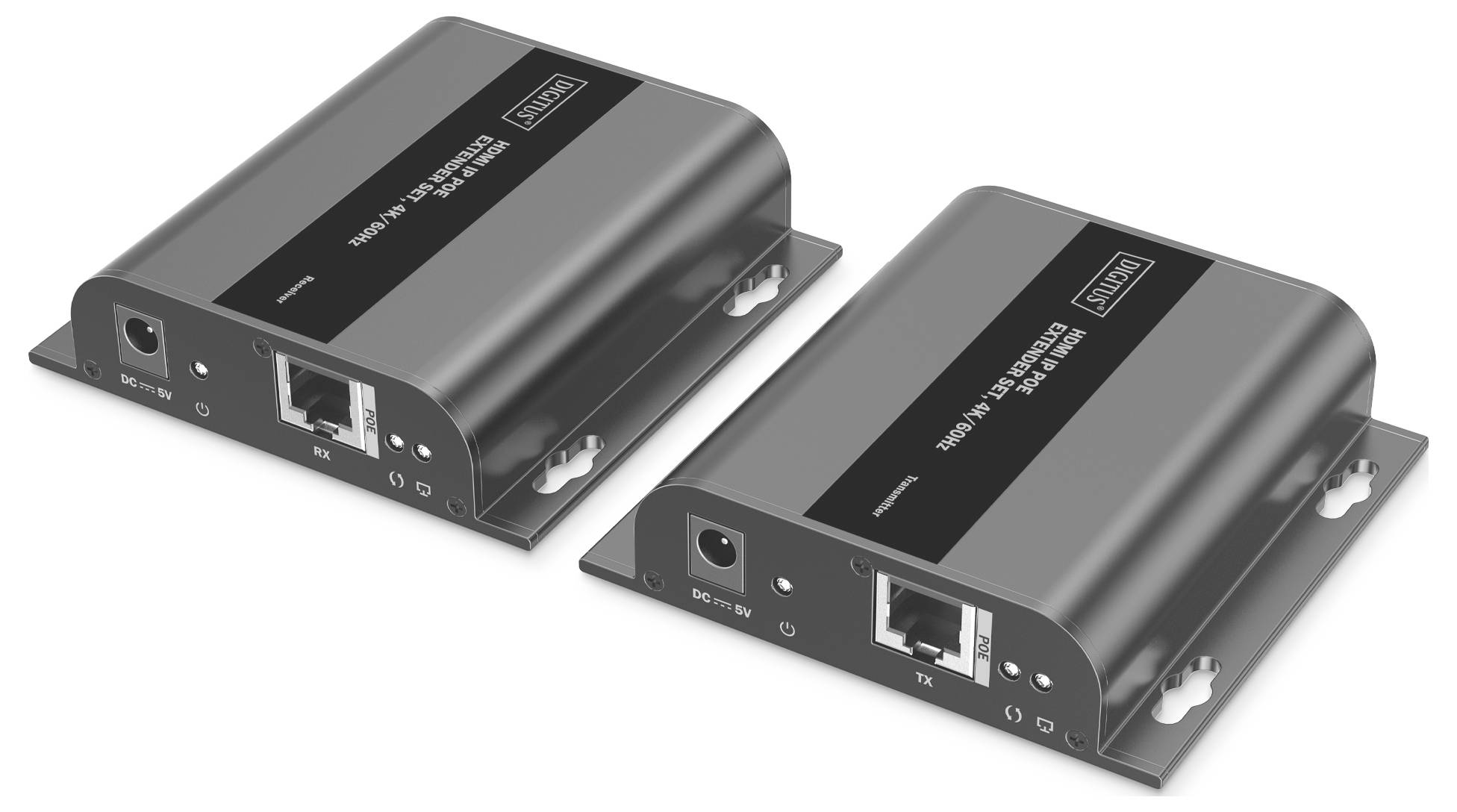 Dva černé elektronické přístroje s ethernetovými porty, označené štítky 'T4' a 'R4', navržené pro přenos signálu, umístěné vedle sebe.