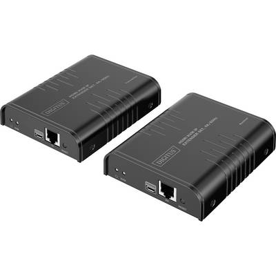 Dva černé HDMI extendery s ethernetovými porty, USB sloty a resetovacími tlačítky. Každý je označen štítkem 'DIGITUS.' Umístěny vedle sebe.