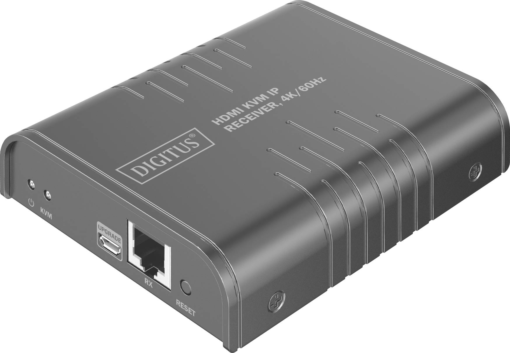 Černý HDMI KVM IP přijímač s označením 'DIGITUS', vybavený rozhraními HDMI, USB a Ethernet, navržený pro připojení v rozlišení 4K/60Hz.