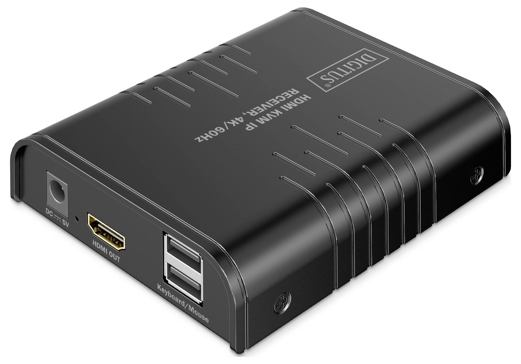 Černé digitální přijímací zařízení s porty HDMI a USB, označené názvem 'DIGITUS'. Vhodné pro připojení médií a přenos dat.