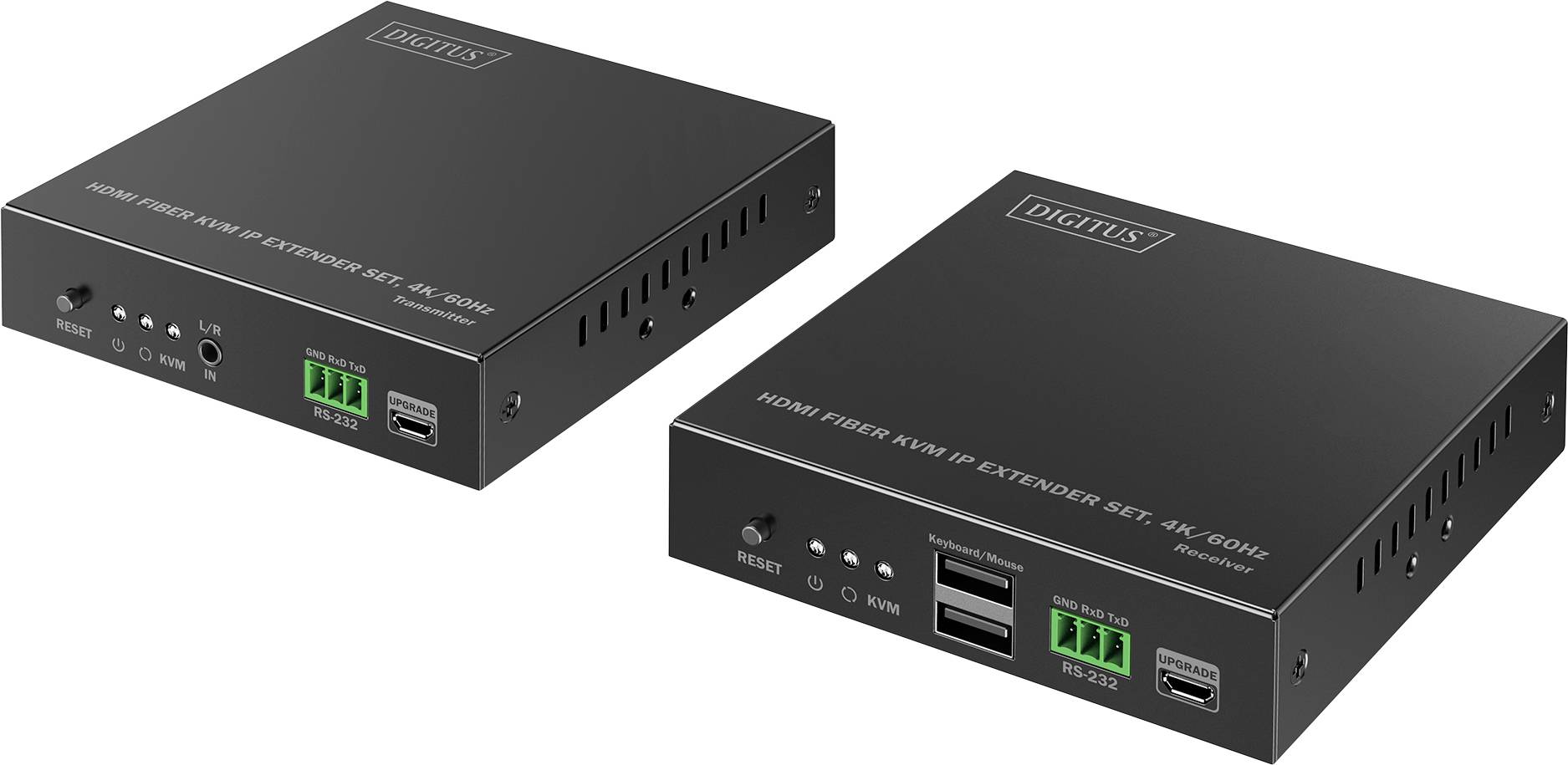 Dva černé elektronické přístroje označené nápisem 'DIGITUS' s porty a indikátory, určené pro přenos HDMI signálu po optickém vlákně s podporou 4K rozlišení.
