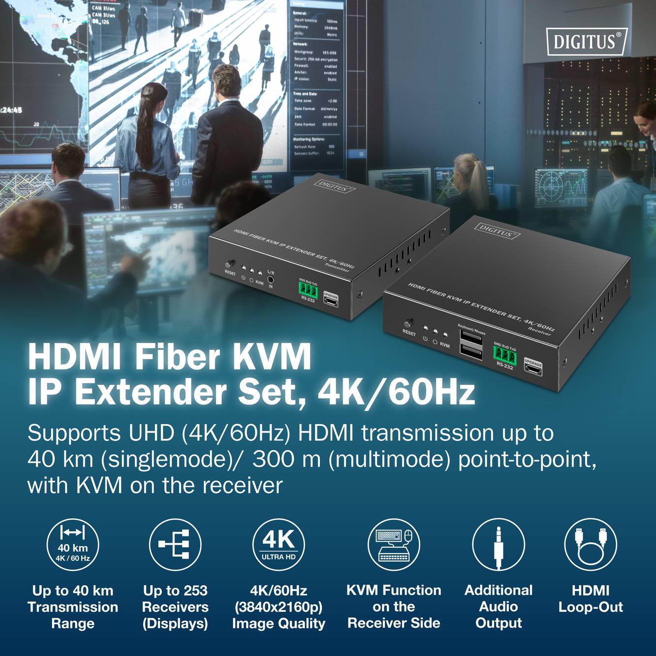 'HDMI Optický KVM Prodlužovací Set, 4K/60Hz' s obrázkem dvou rozšiřovacích jednotek, zvýrazňující dosah 40 km, kvalitu 4K/60Hz a podporu audio výstupu.
