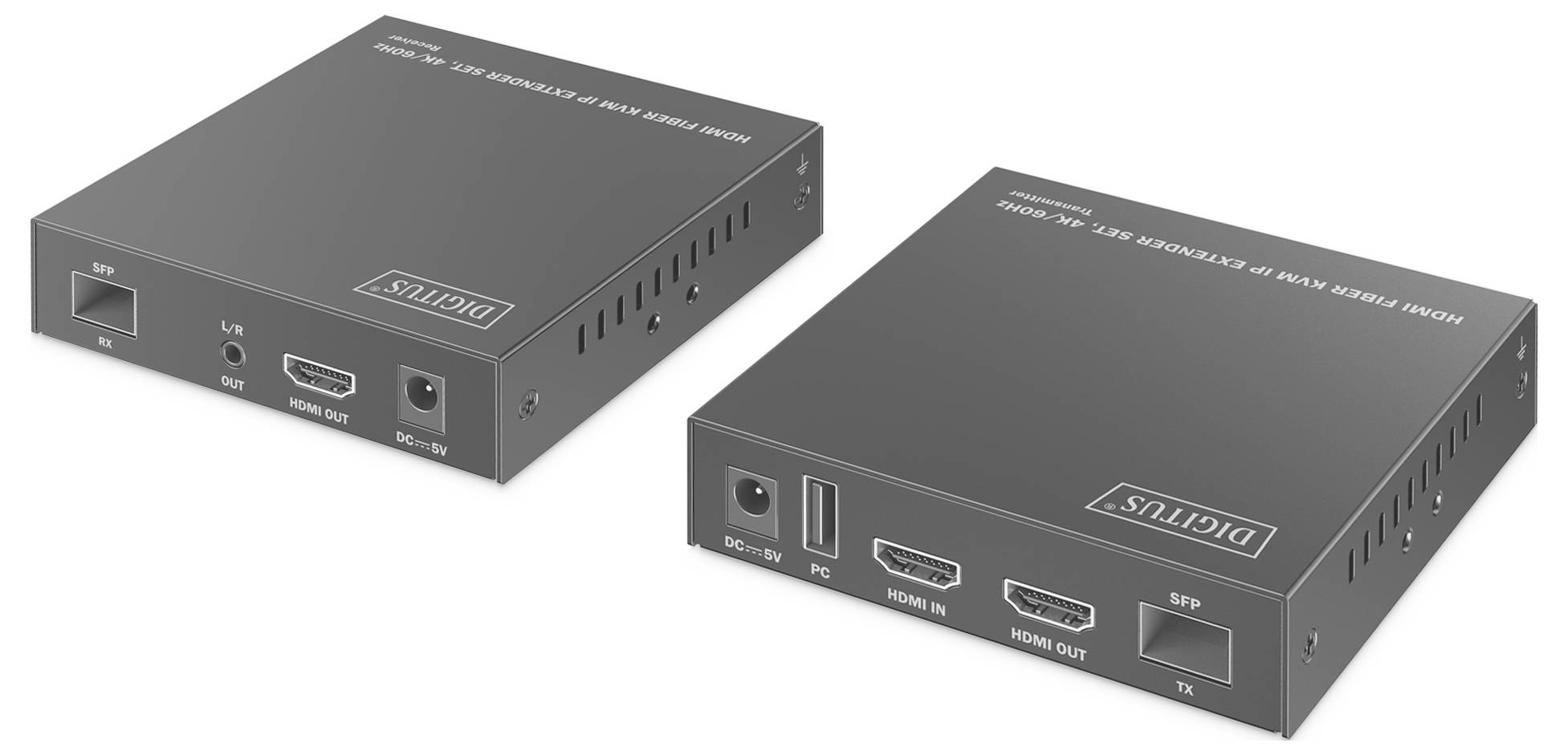 Jsou zobrazeny dvě černé elektronické zařízení. Jedno zařízení má porty HDMI, USB a LAN označené jako „Vstup" a druhé má podobné porty označené jako „Výstup".