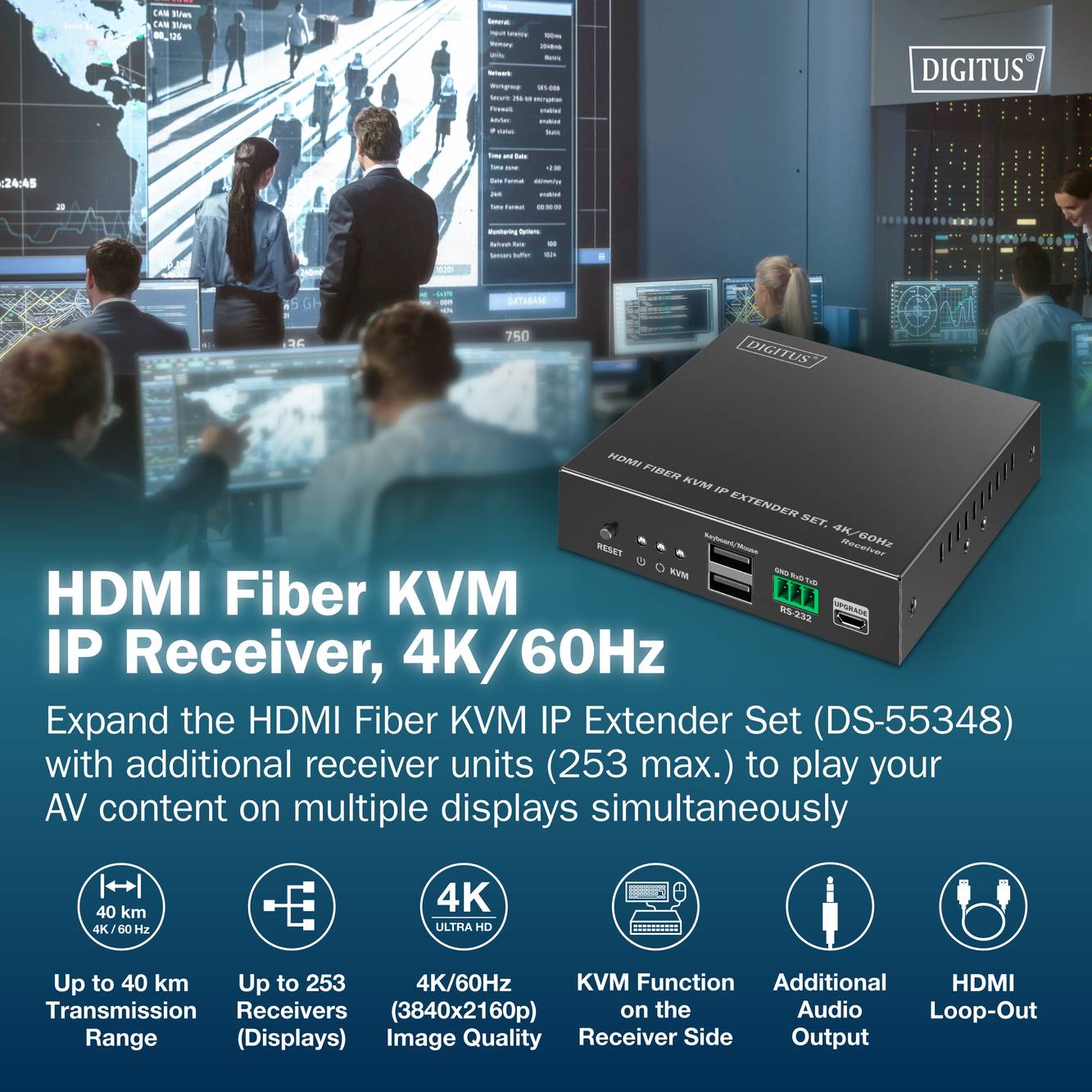 HDMI IP Přijímač Fiber KVM, 4K/60Hz. Vlastnosti: dosah až 40 km, 4K/60Hz, připojení až 253 displejů, audio výstup, KVM funkce.