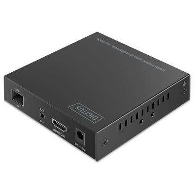 Černý, obdélníkový domácí fiber HDMI IP přijímač s různými porty, včetně HDMI a DC vstupu, označený nápisem 'Digtus', na bílém pozadí.