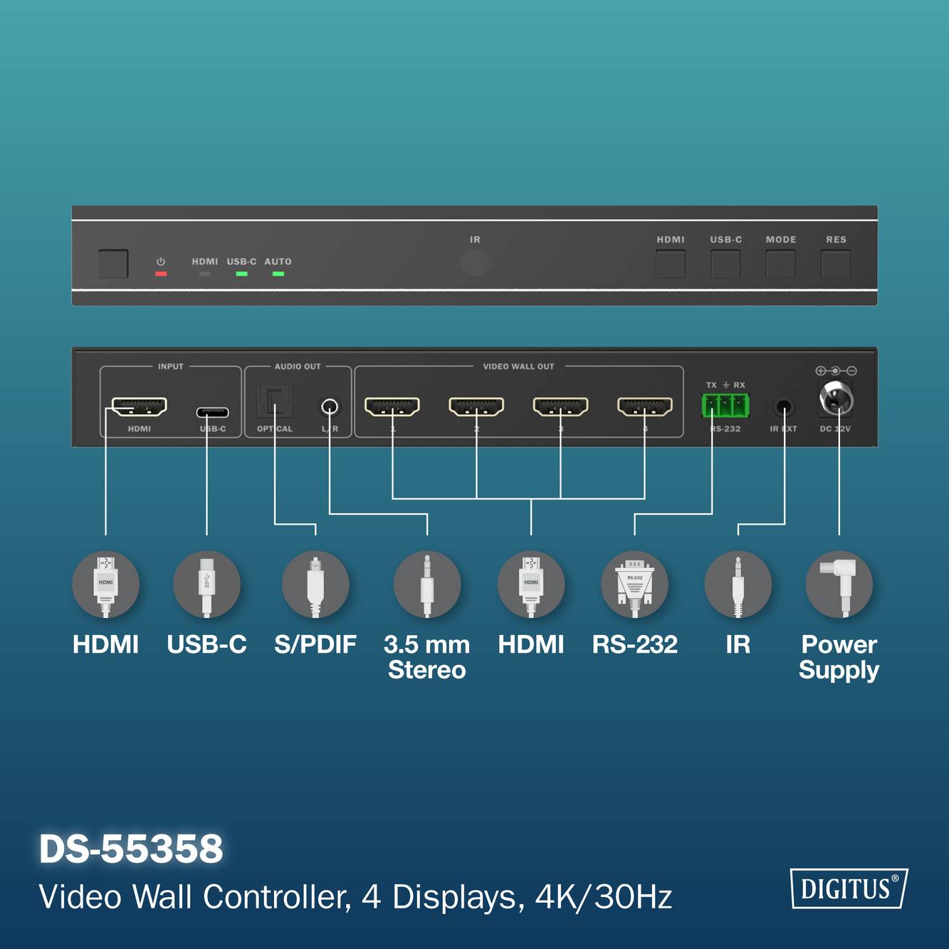 Řadič videozdí DS-55358 podporuje 4 displeje se vstupy včetně HDMI, USB-C, S/PDIF a 3,5mm stereo. Výstupy zahrnují HDMI, RS-232, IR a napájecí zdroj.