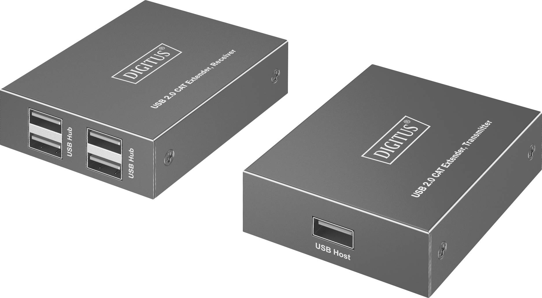 Dva šedé kovové USB zařízení označené štítkem 'Digitus' s USB porty, jeden označen jako 'Extender Receiver', druhý jako 'Extender Transmitter'.
