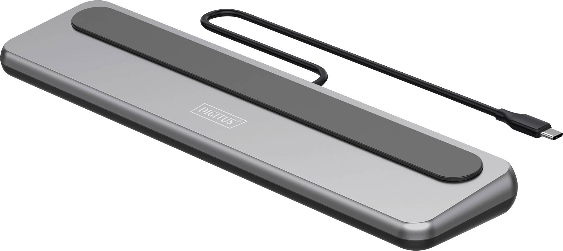 Šedá dokovací stanice USB-C s černou základnou, vybavená několika porty pro připojení. Zařízení má elegantní a moderní design.