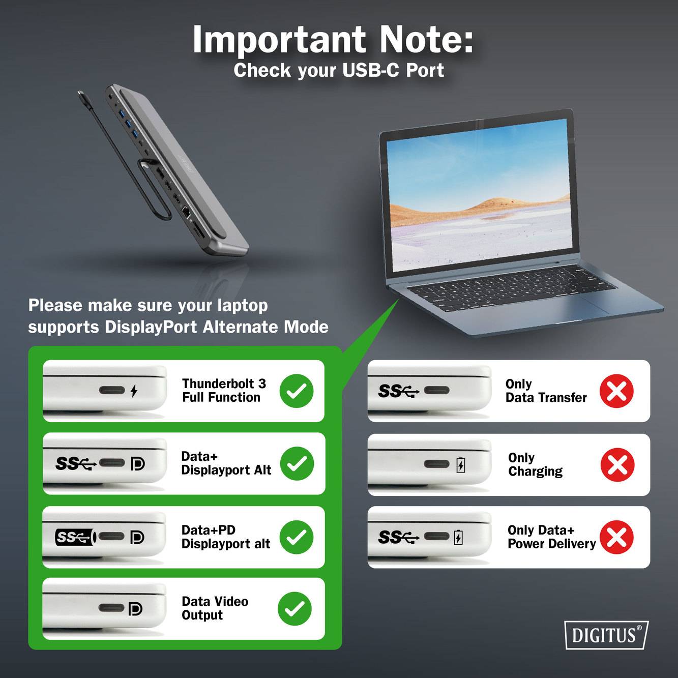 Důležitá poznámka: Zkontrolujte port USB-C. Ujistěte se, že váš notebook podporuje DisplayPort Alternate Mode pro Thunderbolt 3, Data + DisplayPort.