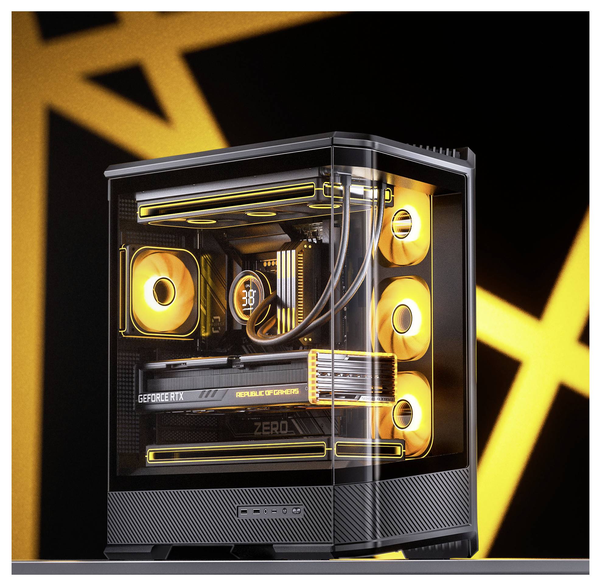 Vysoce výkonný herní počítač s živě oranžovým osvětlením uvnitř průhledného pouzdra, který ukazuje komponenty jako grafickou kartu GeForce RTX.
