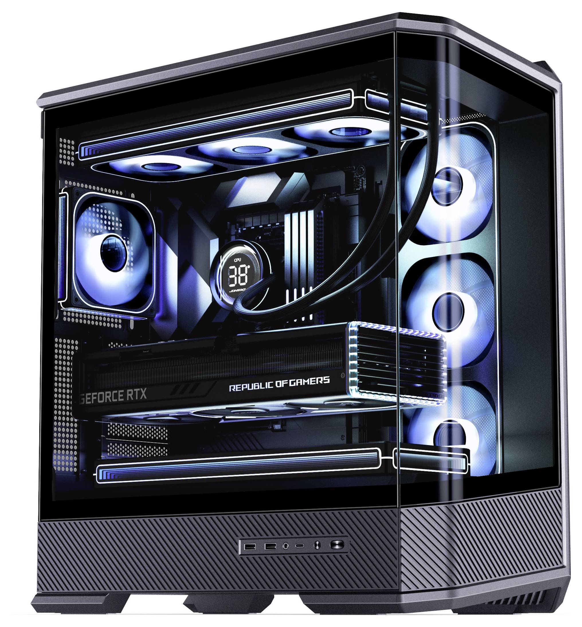 Černý a stříbrný herní počítač s průhledným bočním panelem zobrazujícím osvětlené komponenty a ventilátory, včetně grafické karty NVIDIA GeForce RTX.
