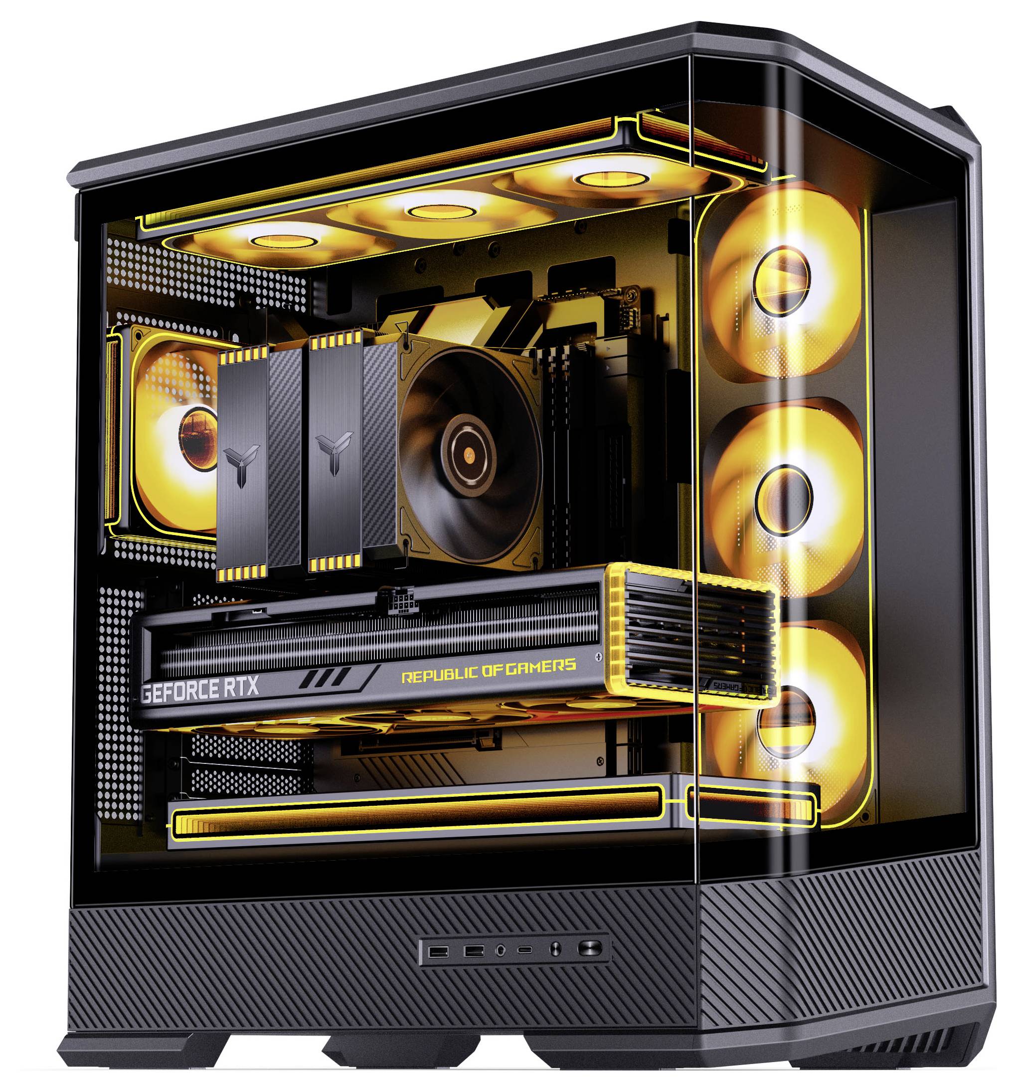 Herní počítačová skříň s osvětlenými vnitřními komponenty, vybavená grafickou kartou 'GeForce RTX' a výrazným žlutým LED osvětlením.