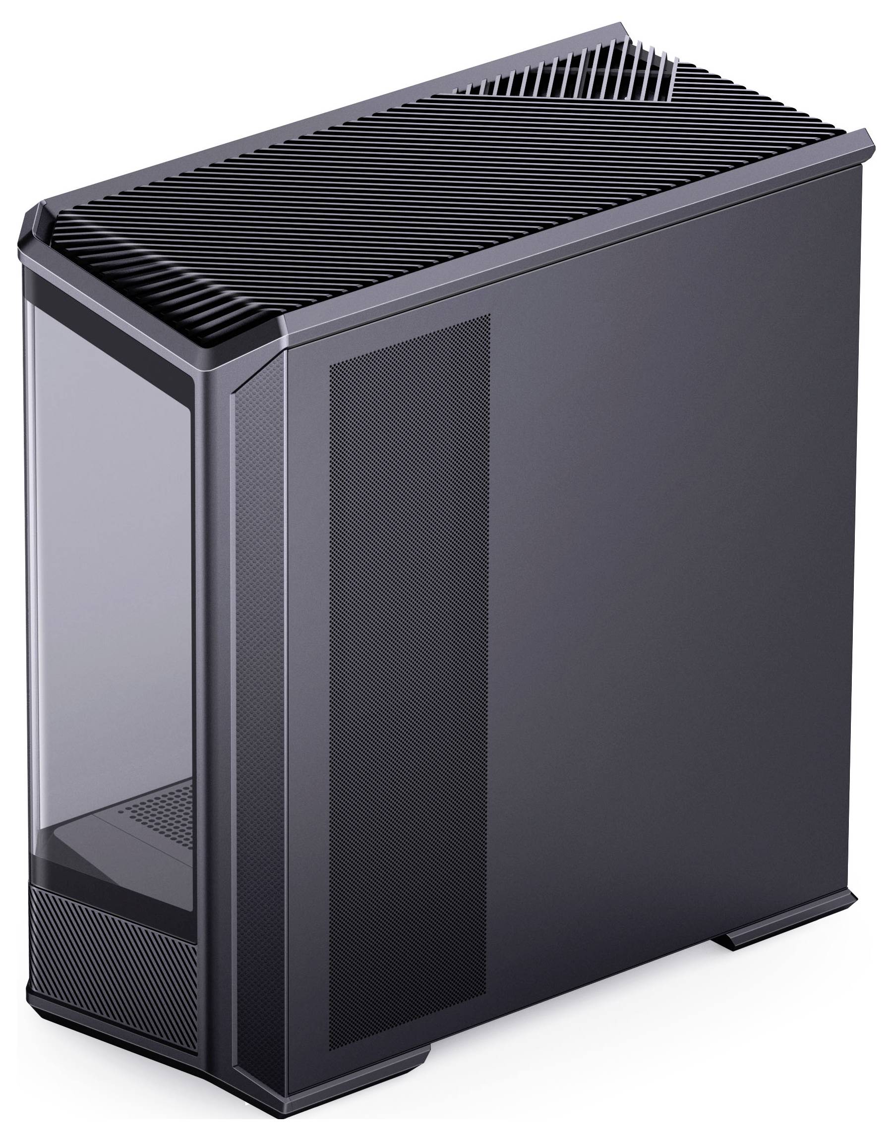 Elegantní, vertikální černý počítačový case s mřížkovými panely pro ventilaci, který ukazuje minimalistický a moderní design.