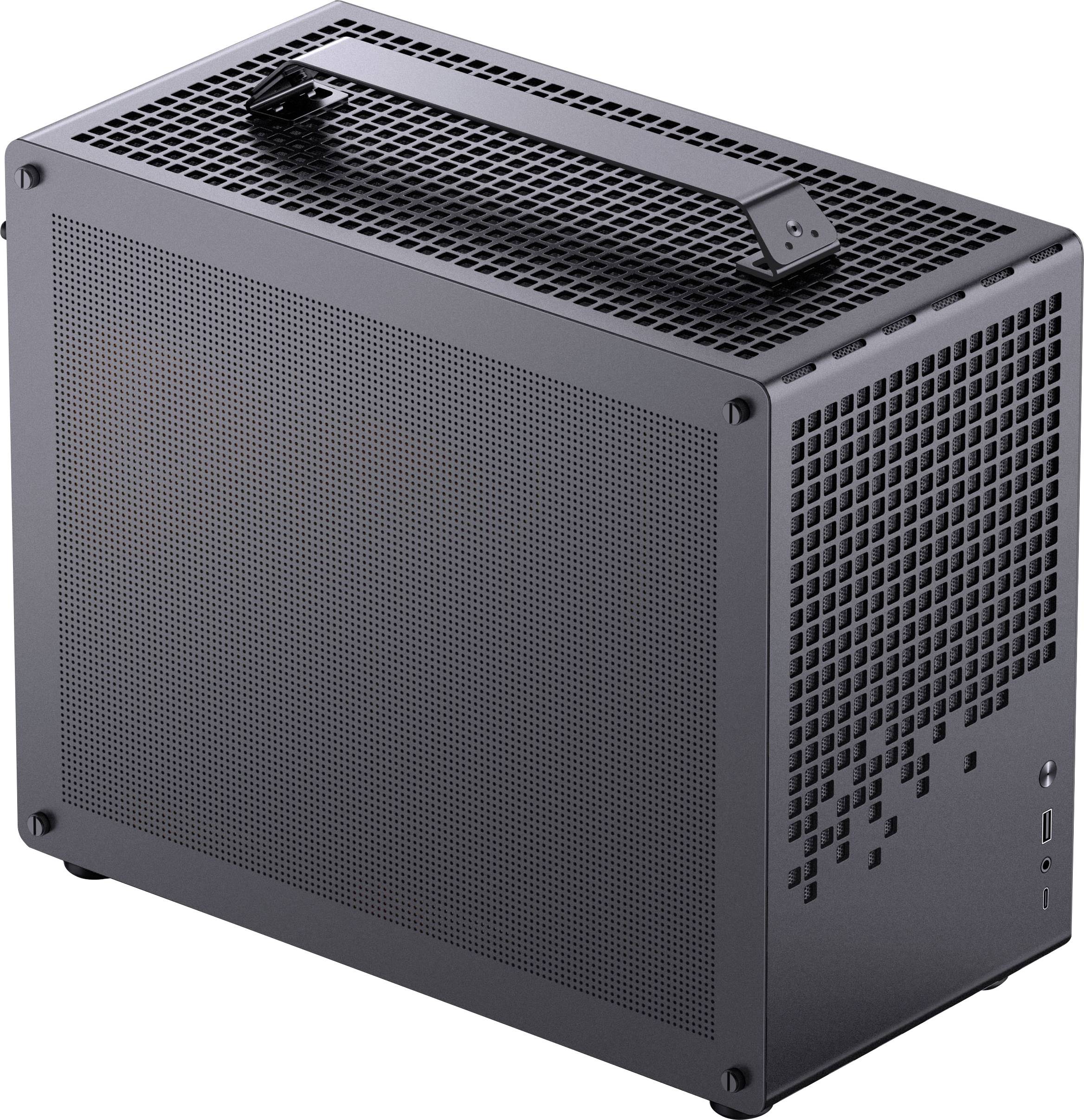 Kompaktní černý počítačový kryt s děrovaným designem pro ventilaci, vybavený rukojetí na horní straně a vypínačem na boku.