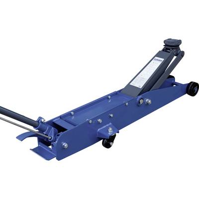 Modrý hydraulický zvedák s dlouhou rukojetí, určený pro zvedání vozidel, umístěný na bílém pozadí.