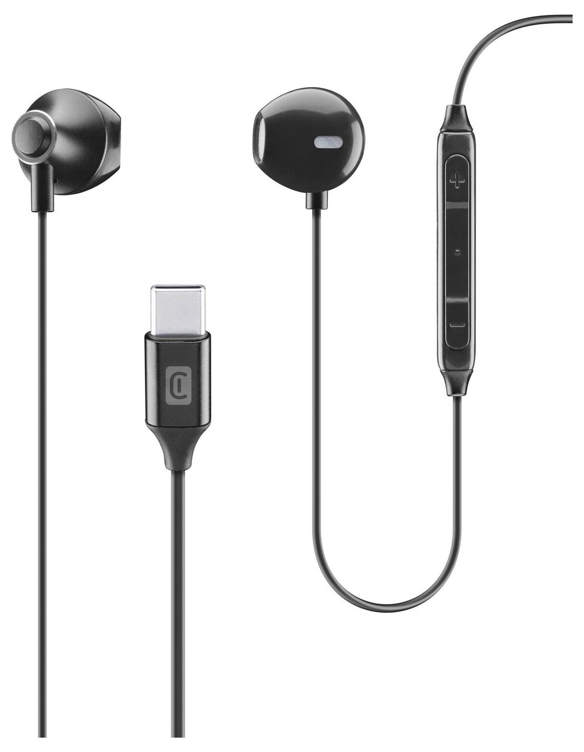 Černé drátové sluchátky s konektorem USB-C a inline ovládacím modulem s tlačítky pro ovládání hlasitosti a přehrávání, zobrazené na bílém pozadí.