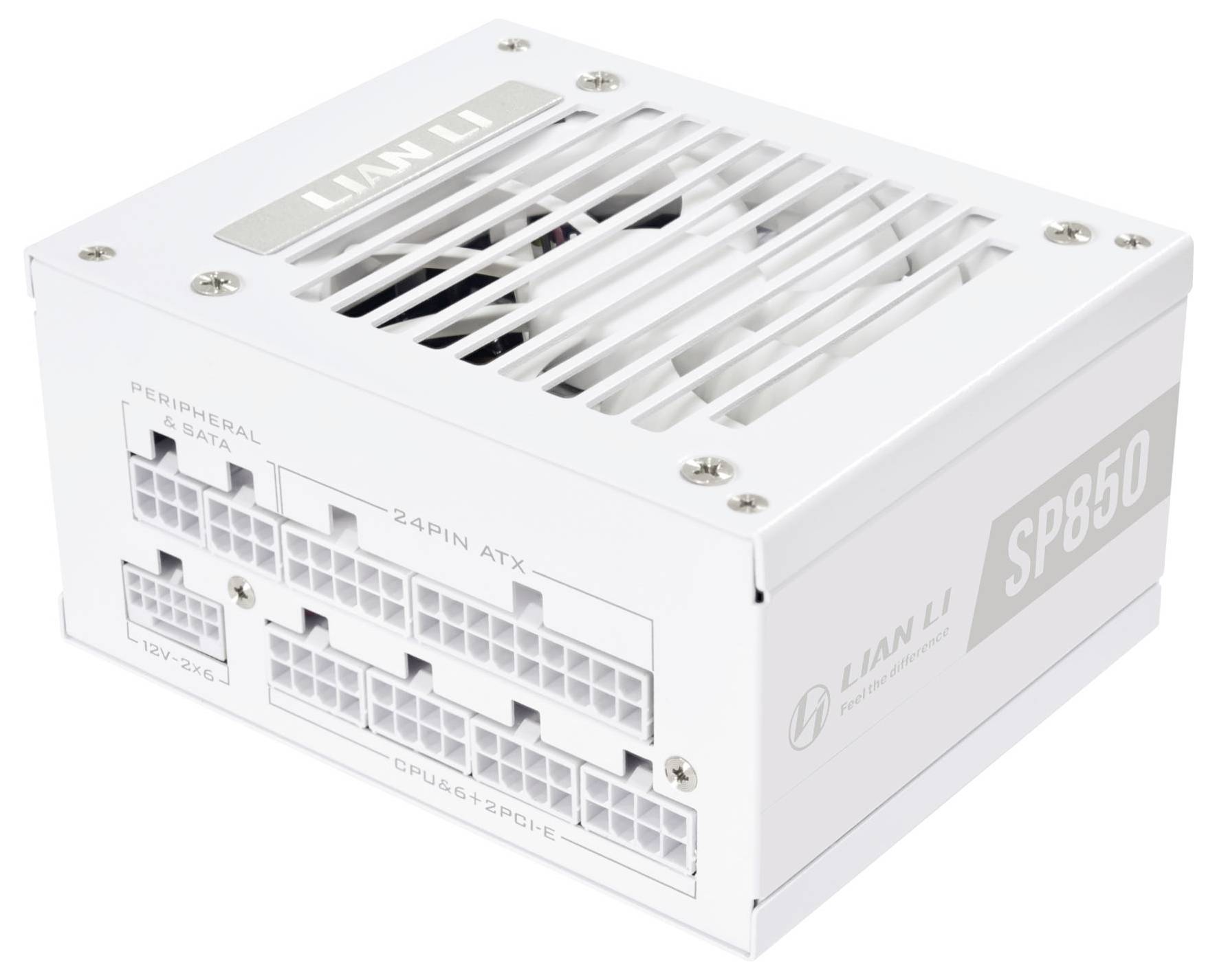 Bílá napájecí jednotka ATX označená štítkem 'SP850' s několika připojovacími porty pro periferie, SATA, CPU a PCIe.