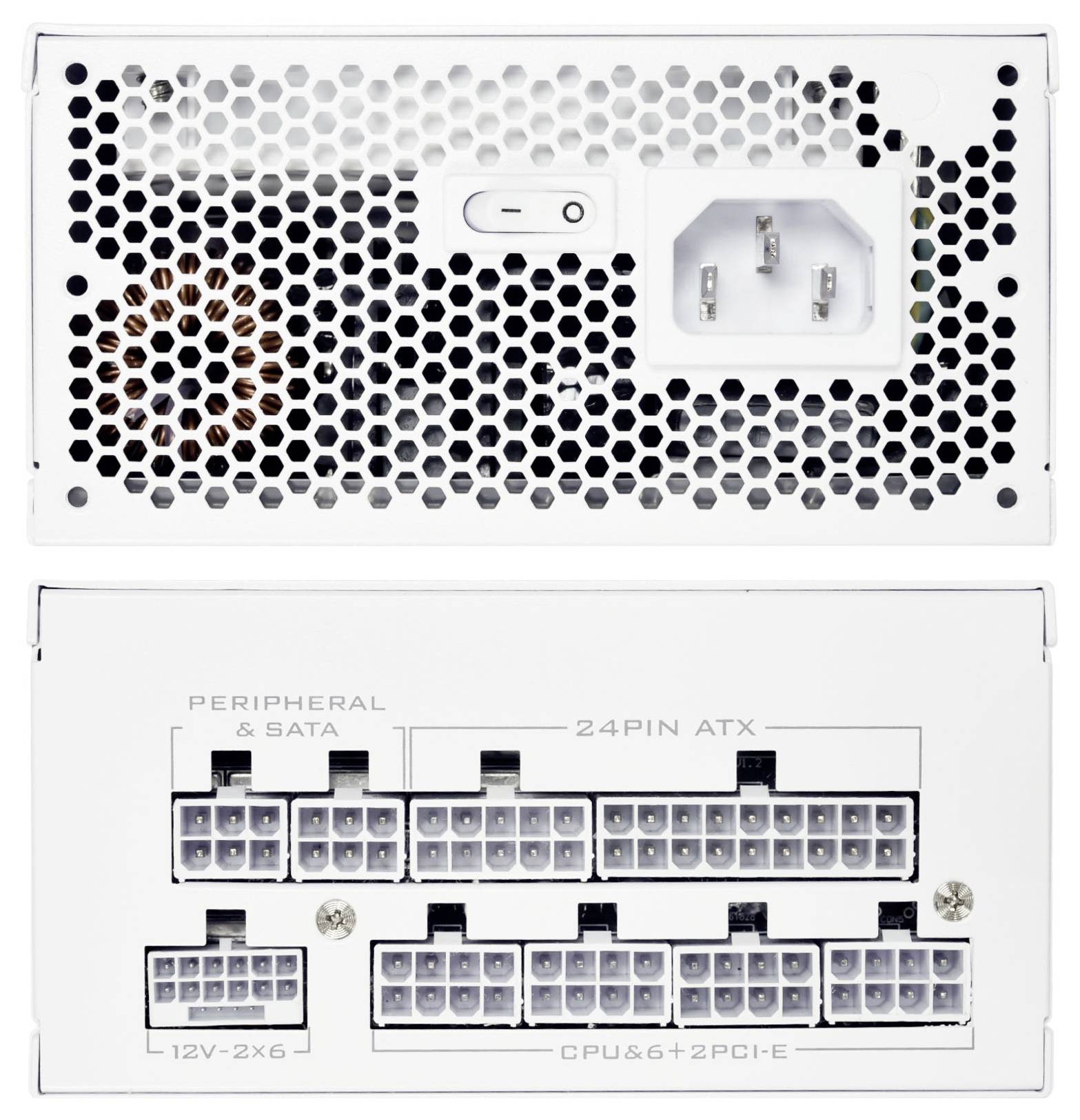 Zadní a přední pohled na napájecí zdroj počítače (PSU) znázorňující různé porty pro připojení včetně periferních, SATA, ATX, CPU, GPU.