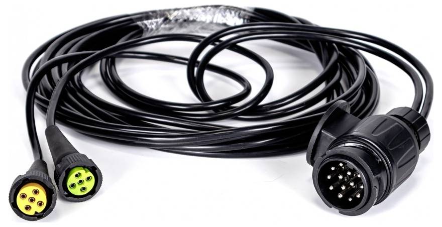 Černý vícekolíkový kabel s velkým kruhovým konektorem a dvěma menšími žlutými a zelenými konektory, používaný pro připojení elektronických zařízení.
