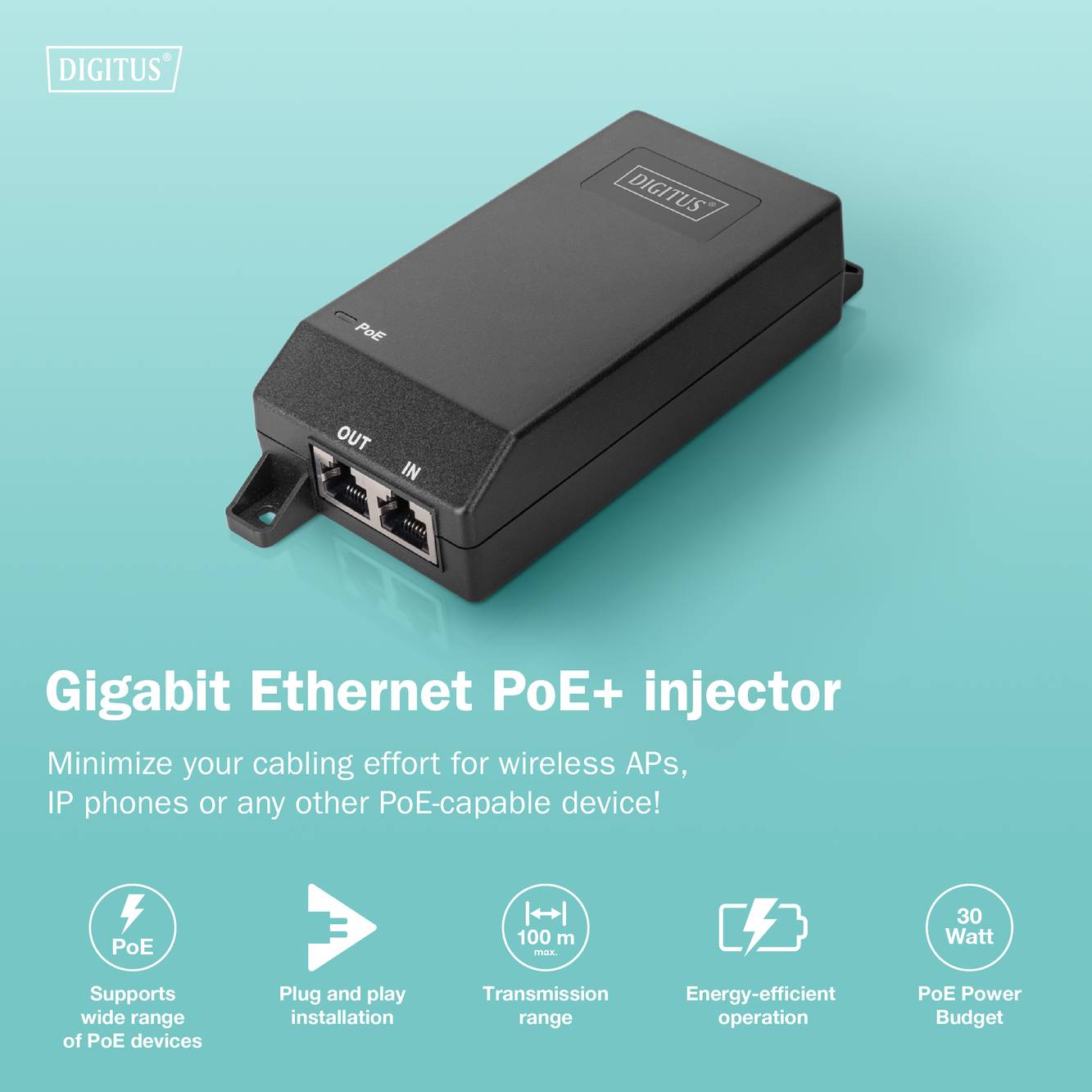 'Digitus Gigabitový ethernetový PoE+ injektor' a jeho použití jsou zvýrazněny, včetně ikon pro napájení, plug and play a efektivitu.