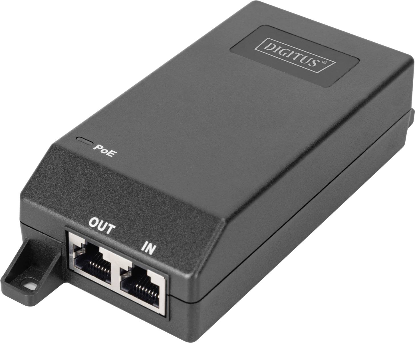 Černé síťové zařízení označené štítkem 'DIGITUS' se schopností PoE, zobrazující dva ethernetové porty pro 'IN' a 'OUT'.