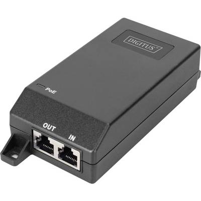 Černé síťové zařízení označené štítkem 'DIGITUS' se schopností PoE, zobrazující dva ethernetové porty pro 'IN' a 'OUT'.