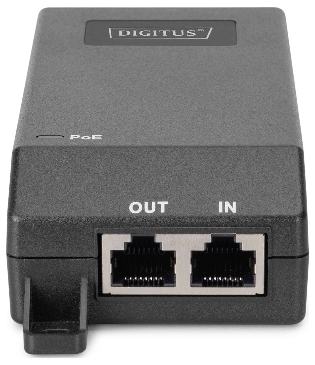 Síťové zařízení označené názvem 'DIGITUS' se dvěma ethernetovými porty označenými 'OUT' a 'IN', používané pro Power over Ethernet (PoE) připojení.