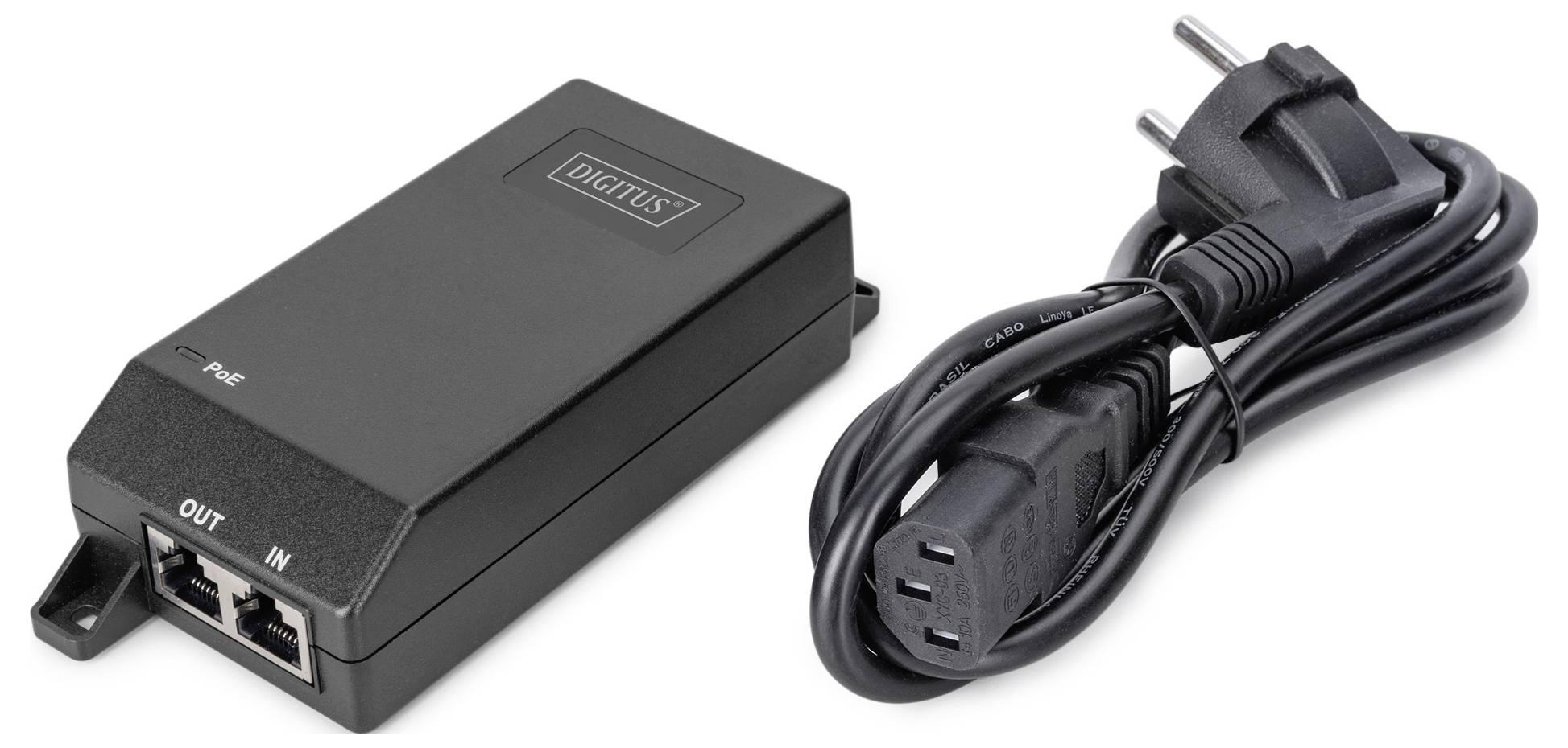 Černý injektor napájení po síťovém vedení (Power over Ethernet, PoE) se síťovými porty 'IN' a 'OUT' je zobrazen vedle černého napájecího kabelu se zástrčkou.
