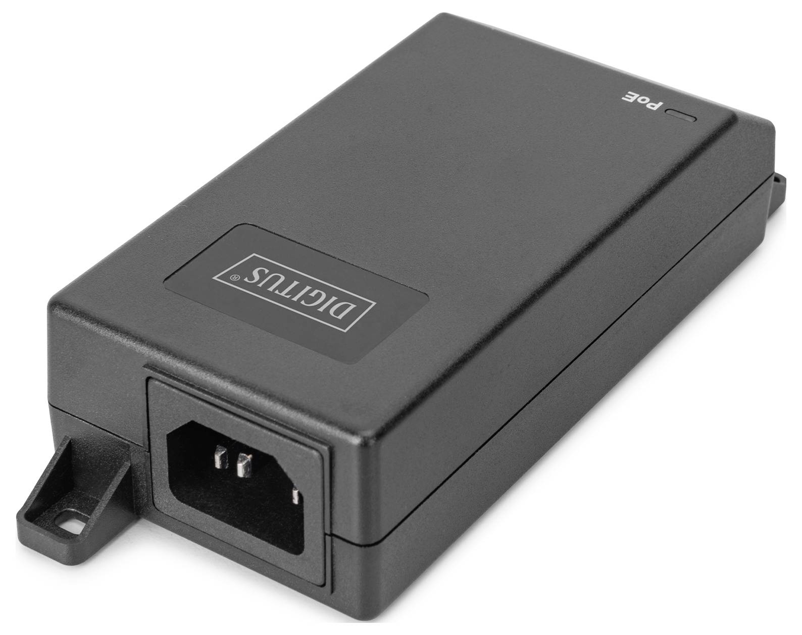 Černý PoE (Power over Ethernet) injektor s logem 'DigiTUS' na horní straně a vstupní zásuvkou na jednom konci.