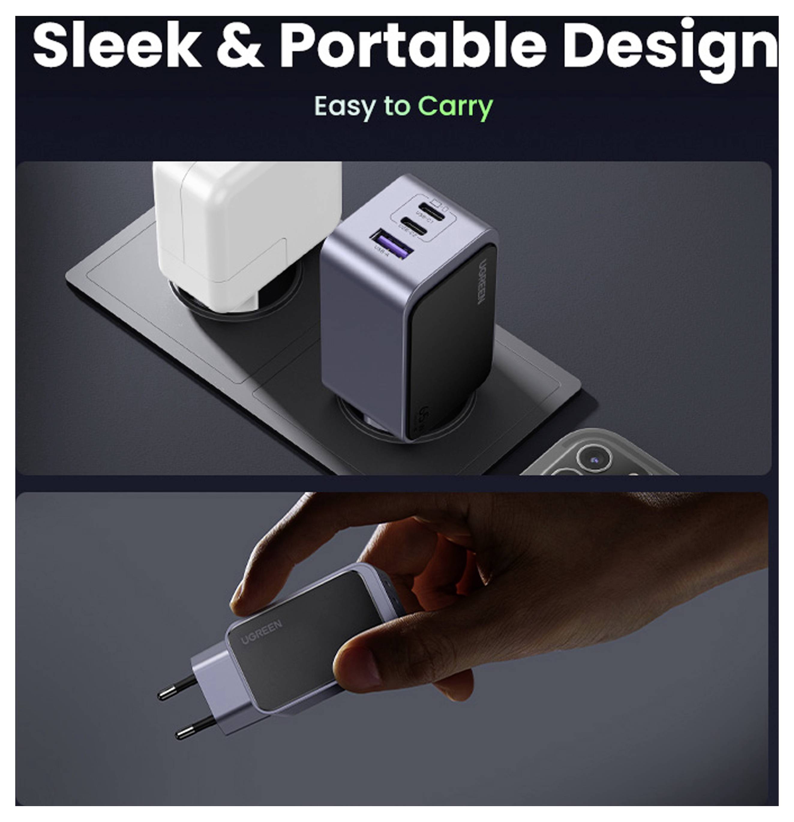 Propagační grafika pro kompaktní nástěnnou nabíječku zobrazující "Elegantní a přenosný design" a "Snadné nošení" se dvěma adaptéry zástrček na štíhlé základně a rukou držící nabíječku.