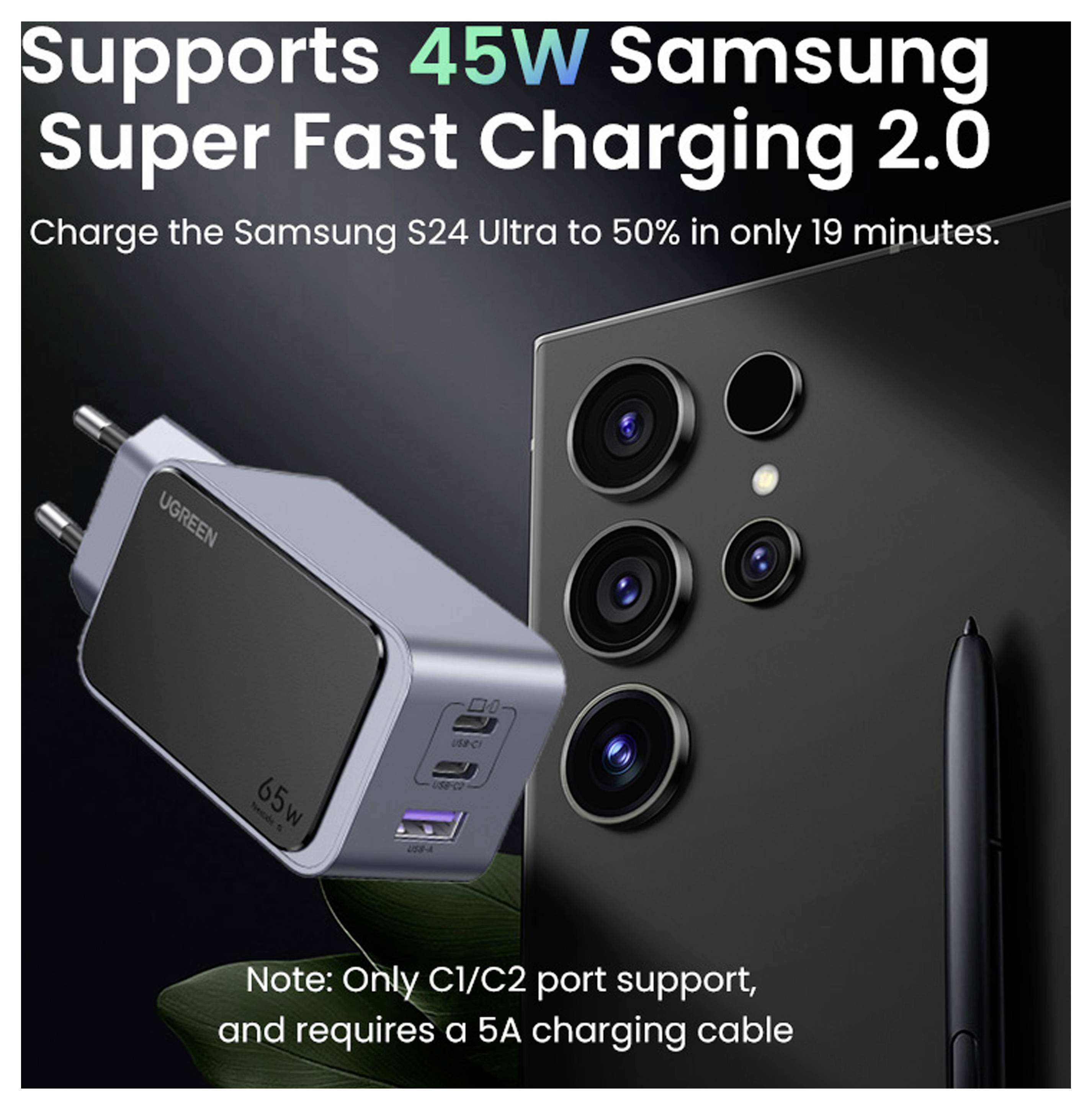 45W rychlonabíječ Samsung Super Fast Charging 2.0 a Samsung S24 Ultra s poznámkou, že dosáhne 50% nabití za 19 minut a podporuje pouze porty C1/C2.