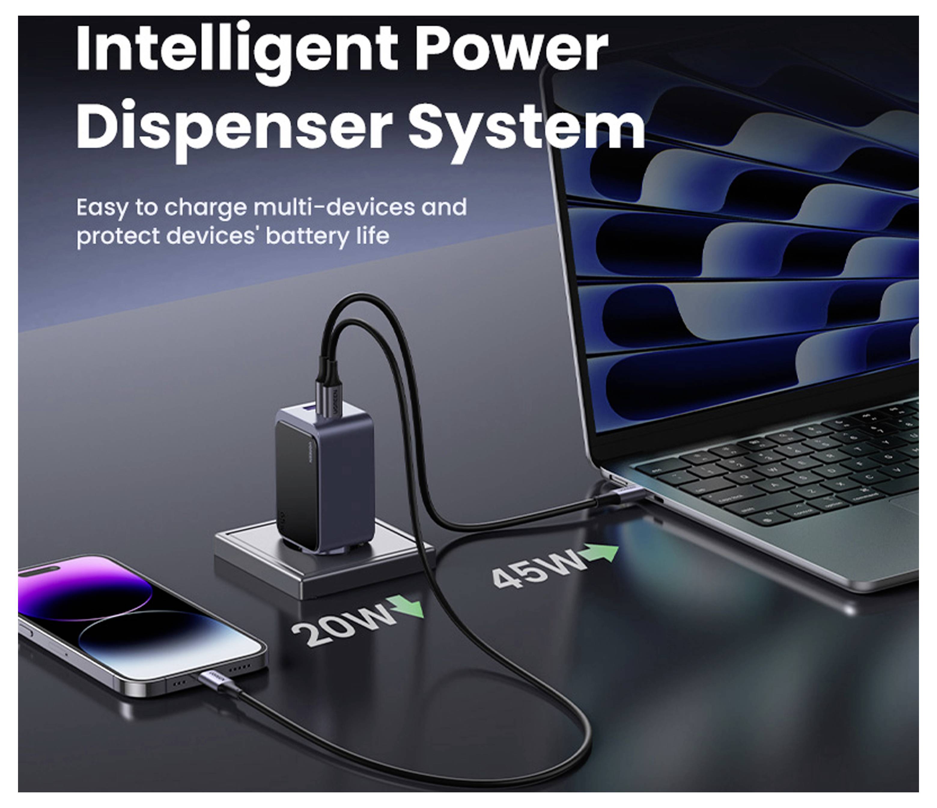 Propagační obrázek "Inteligentního systému distribuce energie" nabíjejícího telefon a notebook s označením výstupu 20W a 45W a textem o nabíjení více zařízení a ochraně baterie.