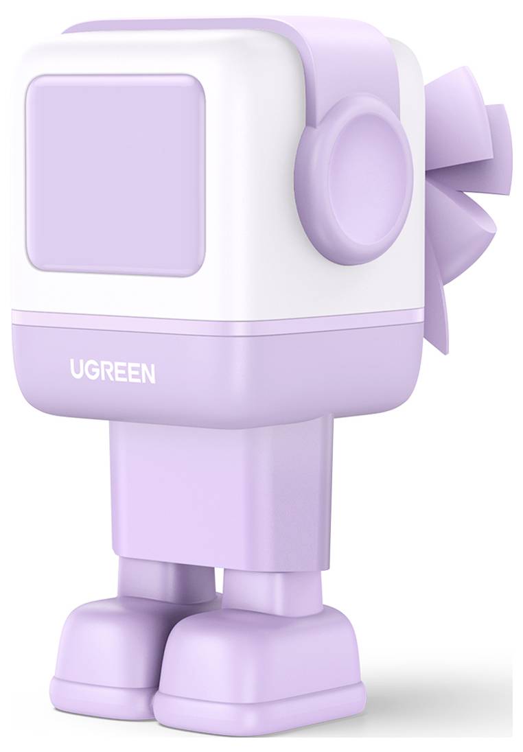 Pastelově fialová robotická figurka s velkou čtvercovou hlavou připomínající obrazovku, kulatýma ušima a nápisem značky 'UGREEN' na těle.