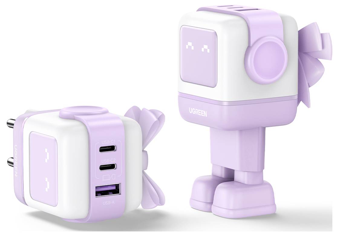 Roztomilý USB nabíječ s motivem robota ve dvouportovém provedení v pastelových barvách fialové a bílé, s mašlí a pixelovou obličejovou grafikou, s výsuvnou zástrčkou.